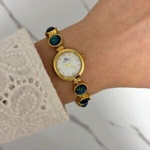 SKU:0011 cute gold mini watch, bracelet with green - blue natural stone inserts